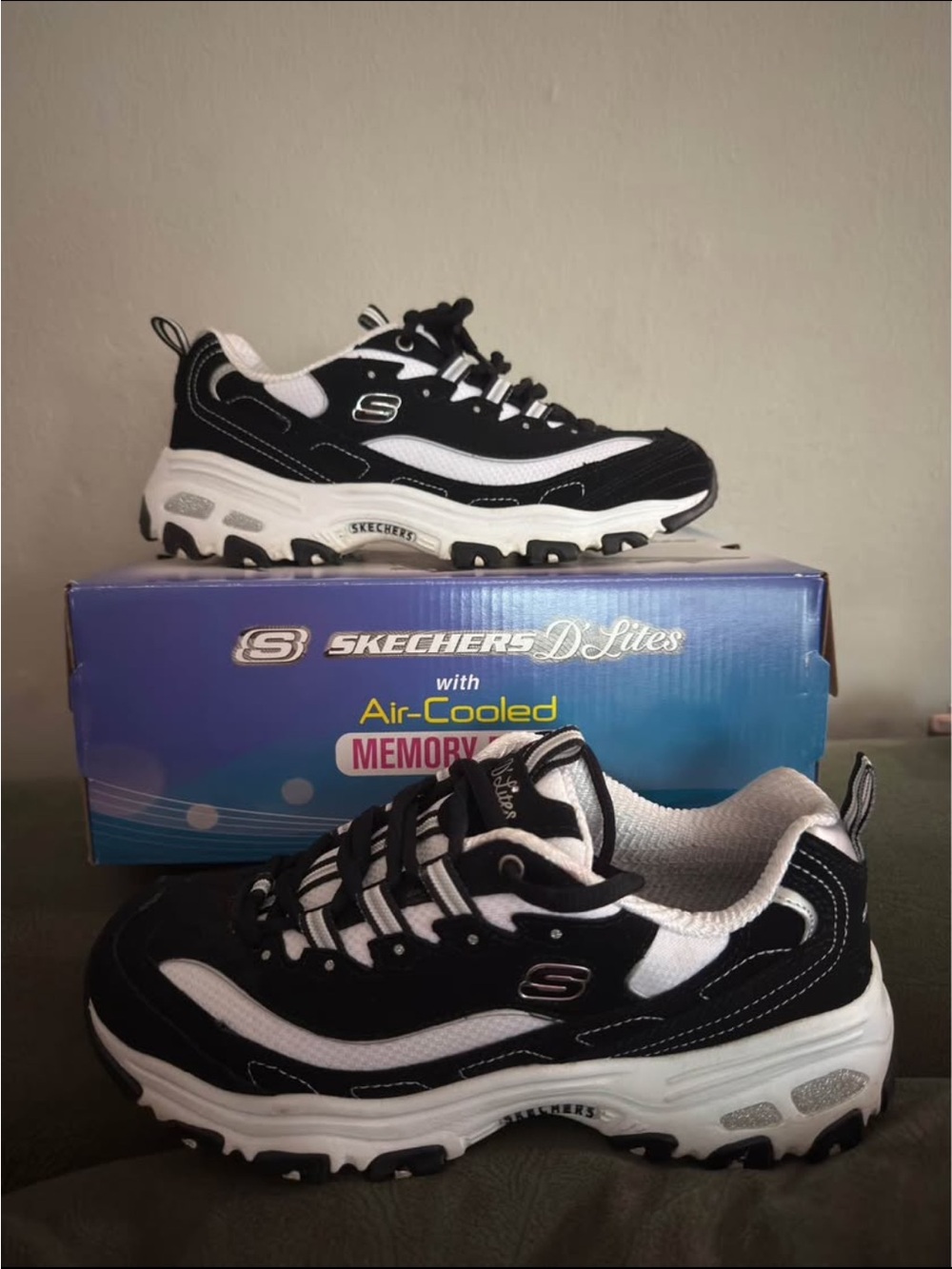 Skechers Women's Black and White D'Lites Lace-Up Sneakers